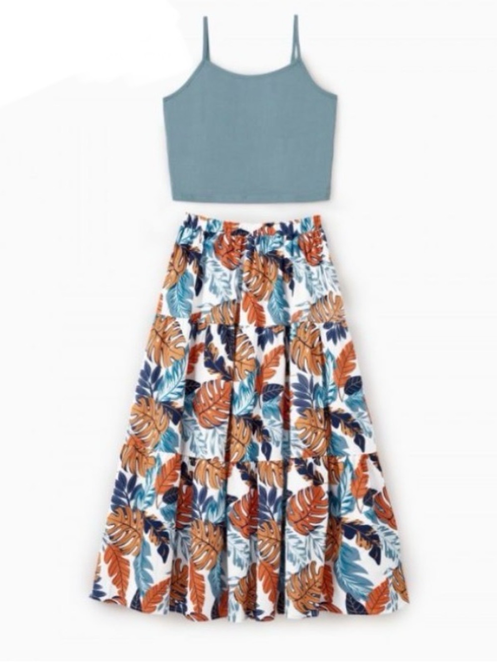 Women Green Camisole Top and Tropical Leaf Print Skirt Co-ord Summer Set, Size L